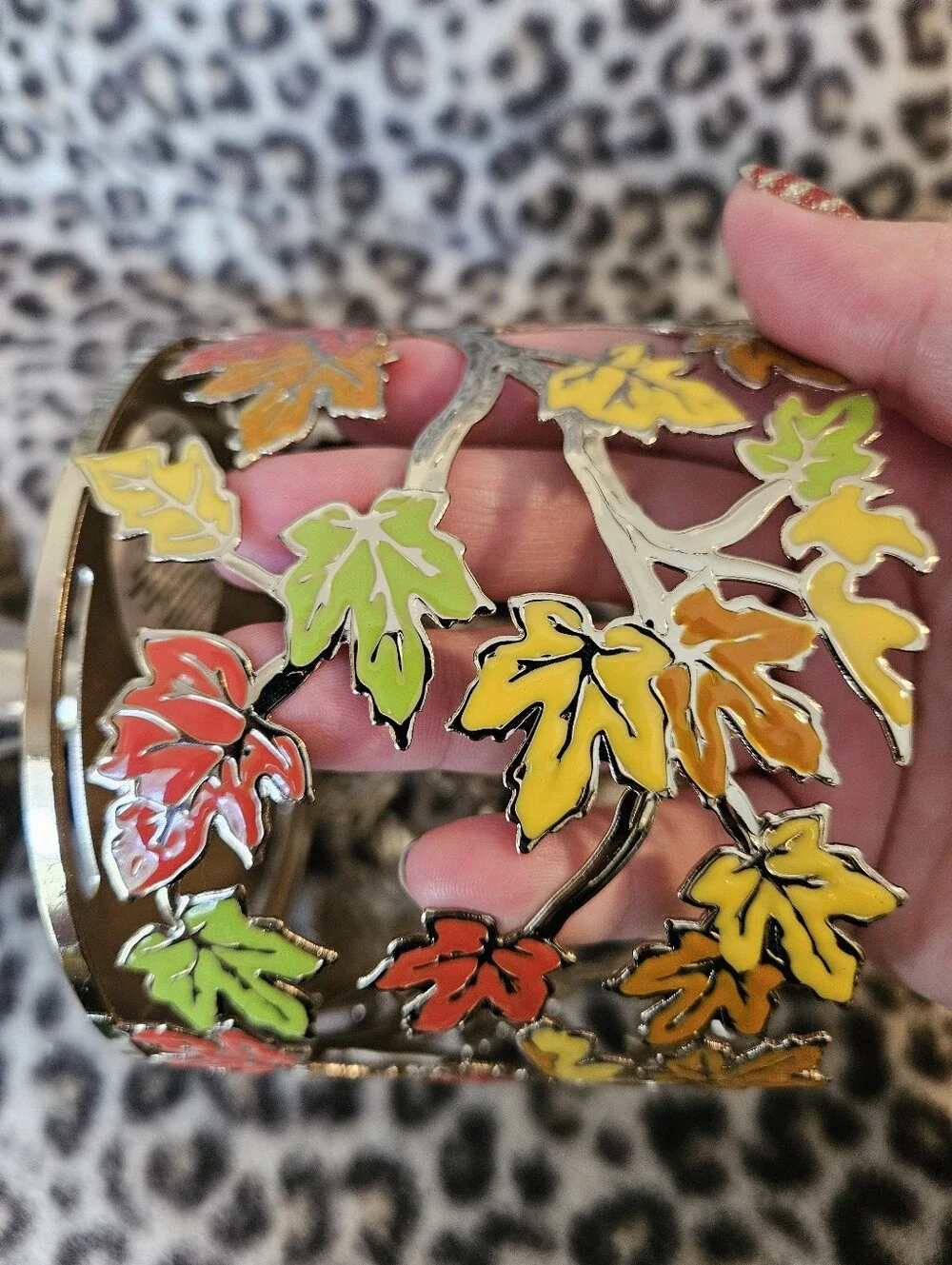 Bath & Body Works Gold Autumn Fall Maple Leaves 3-Wick Candle Pedestal Holder